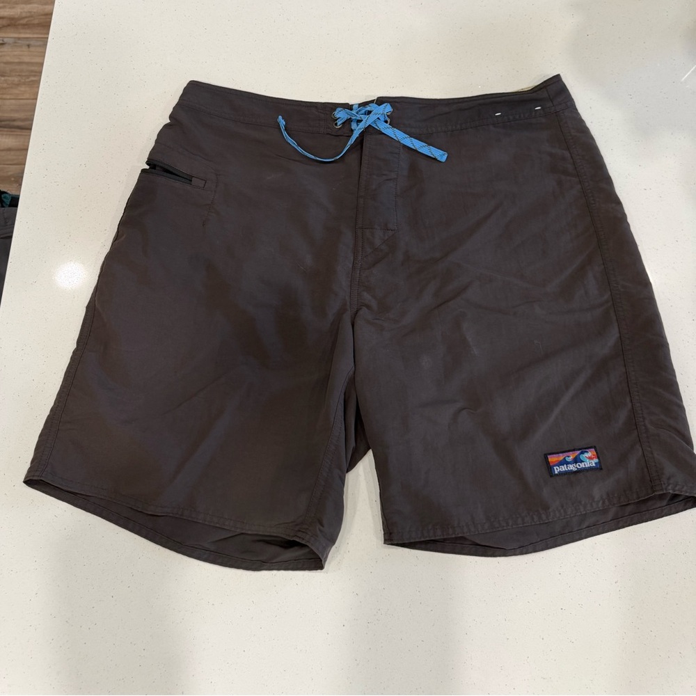 Patagonia Men's Black Swim Board Shorts with Blue Drawstring Accent